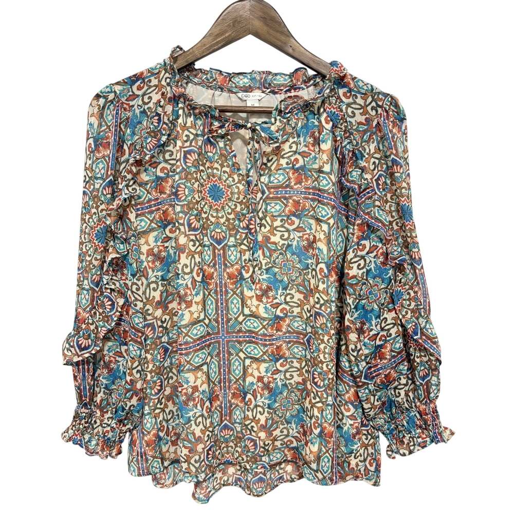 Cato Women's M Boho Floral Medallion Peasant Blouse Tie Neck Ruffle Sleeve